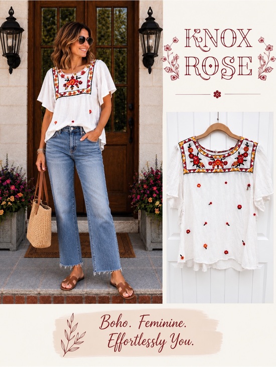 Knox Rose Tops - Knox Rose White Embroidered Boho Flutter Sleeve Top
